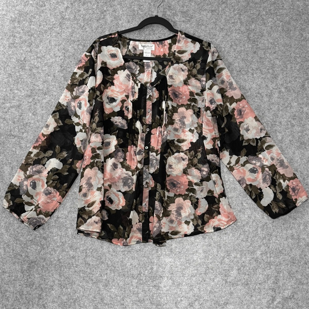 NorthStyle Womens XL Blouse Floral Pintuck Button Sheer Pink Black Long‎ Sleeve